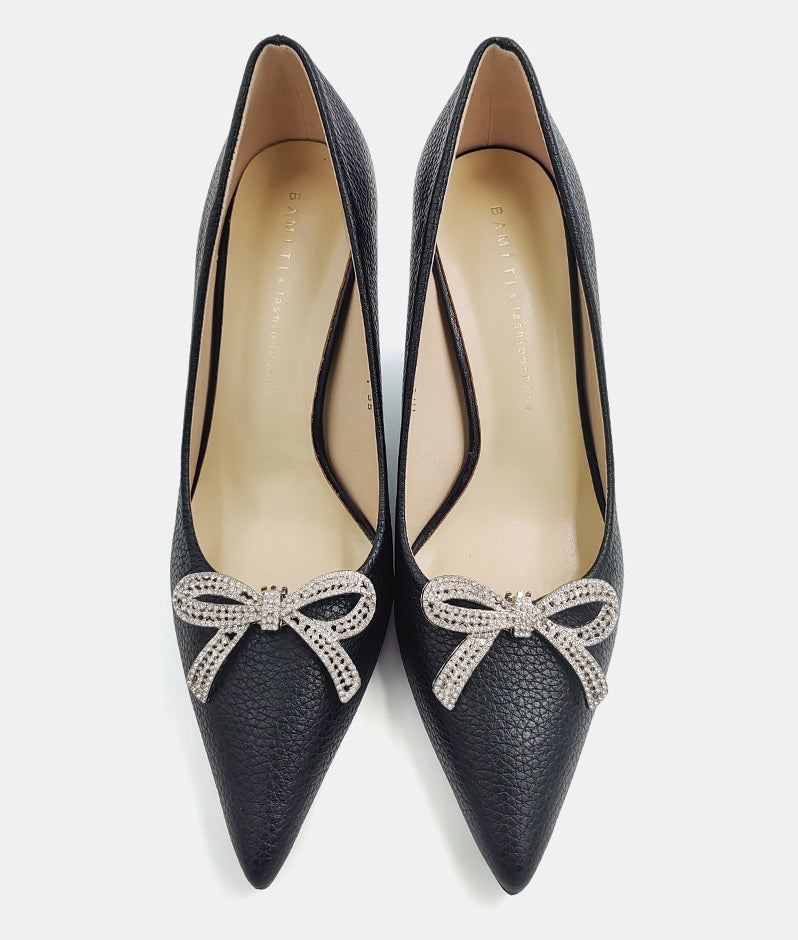 Black flats with rhinestone bow clips, silver crystal bow on front toe