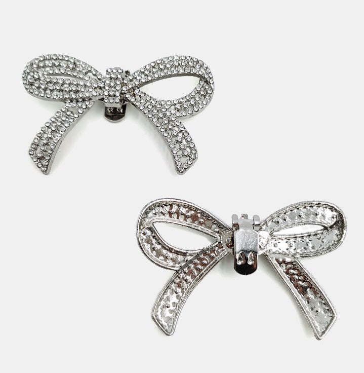 Rhinestone bow shoe clips, silver-tone bows with metal snap centers, 2 pieces