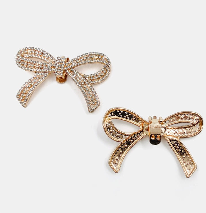Gold-tone rhinestone bow clips, detachable bows with metal snap clasps, 2 pack
