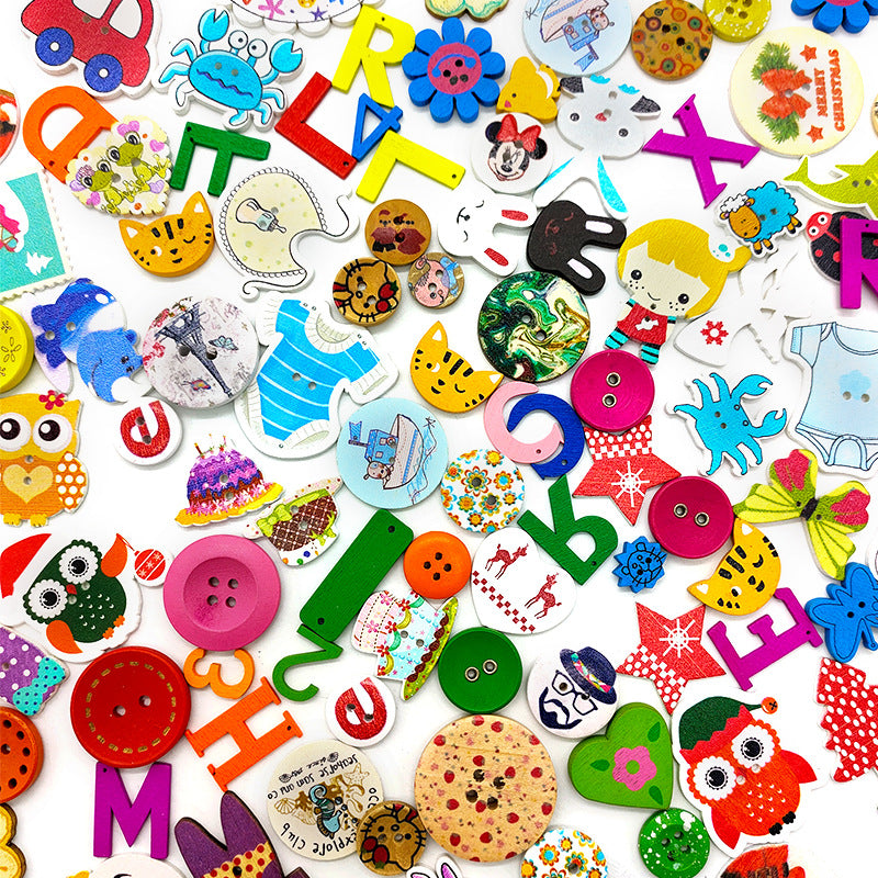 Botones de Madera Coloridos de Caricaturas para Bebés DIY de 100 Piezas