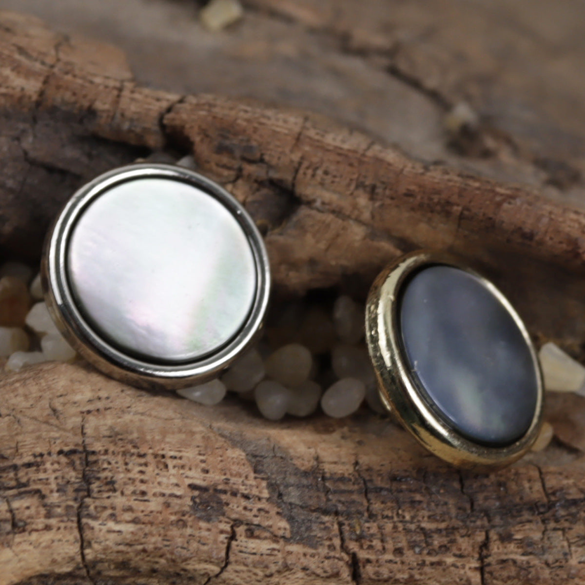 11.5mm Gold Silver Metal Buttons with Black Natural Shell Inlay 10pcs - Lots of Buttons