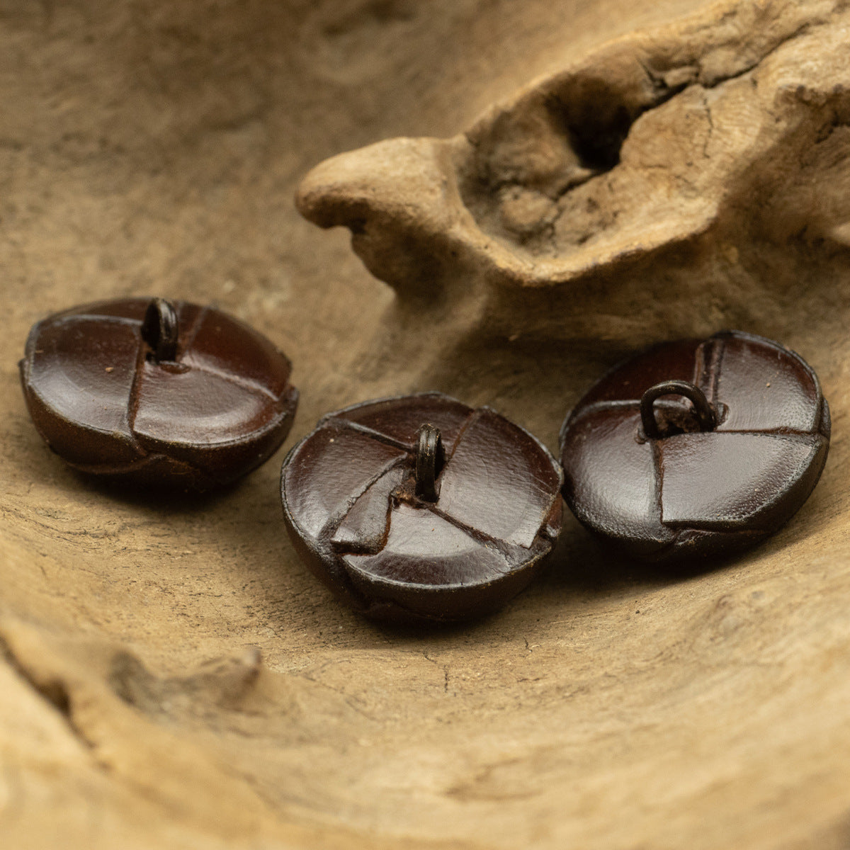 Vintage Dark Brown Leather Woven Handmade Spherical Buttons 2pcs - Lots of Buttons