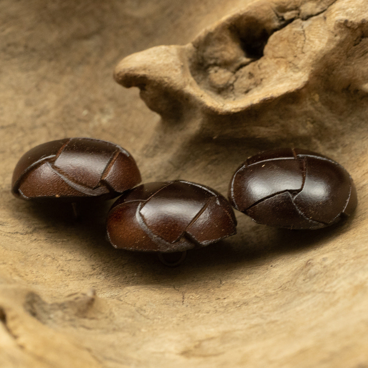 Vintage Dark Brown Leather Woven Handmade Spherical Buttons 2pcs - Lots of Buttons