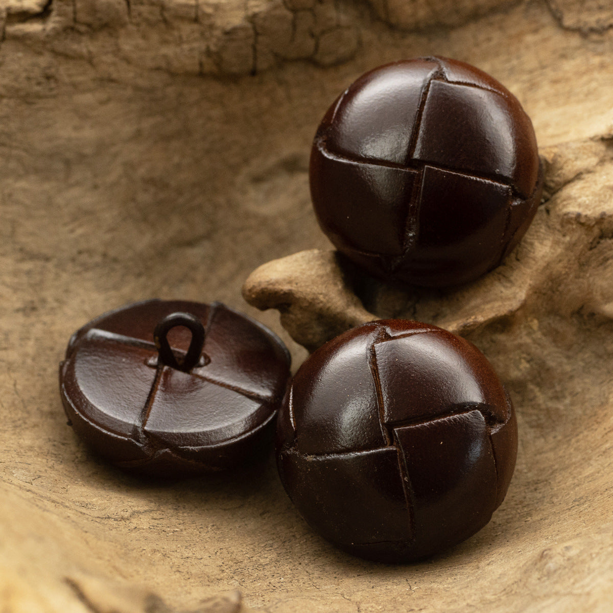 Vintage Dark Brown Leather Woven Handmade Spherical Buttons 2pcs - Lots of Buttons