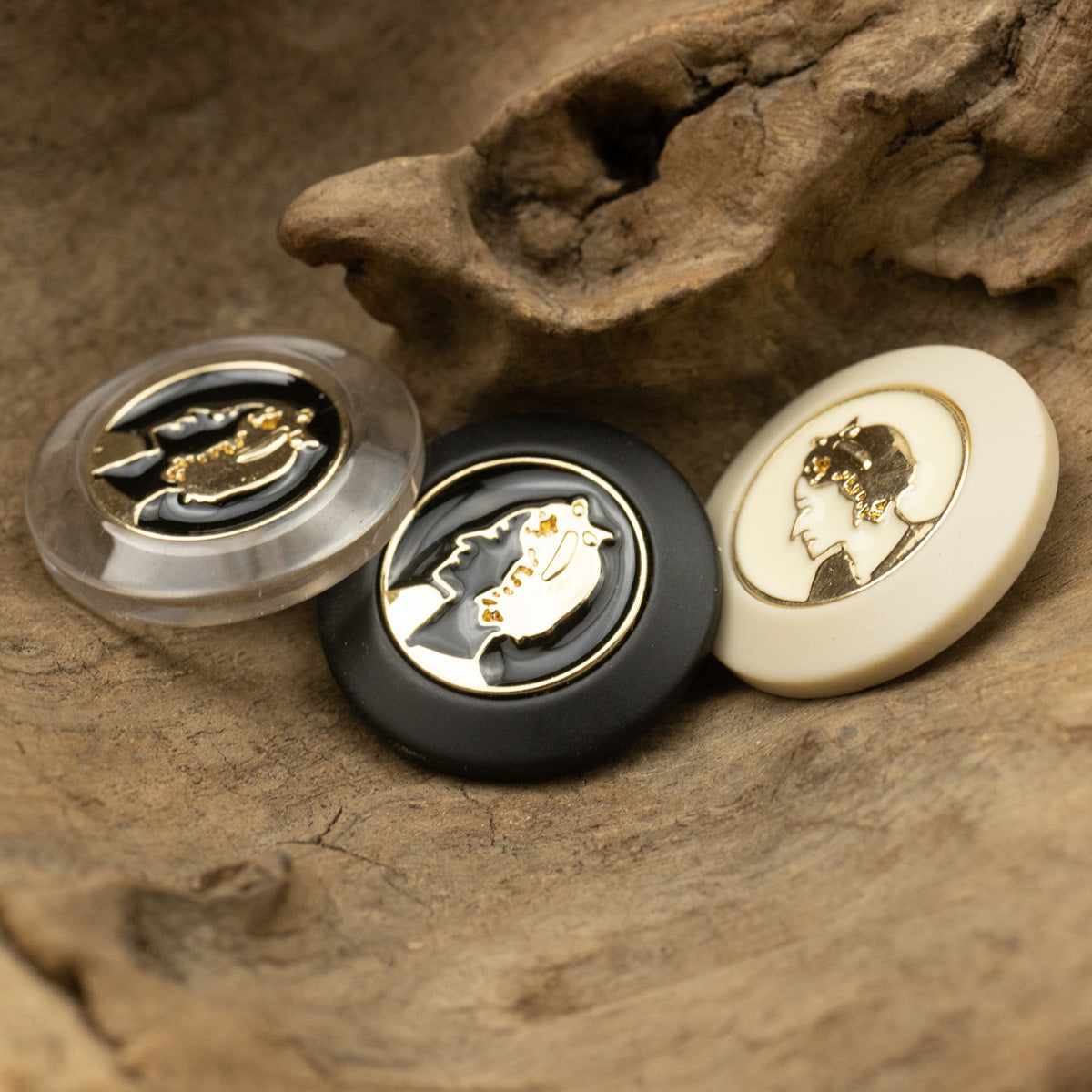 Retro Golden Beauty Portrait Resin Buttons with Metal Shanks 6pcs - Lots of Buttons