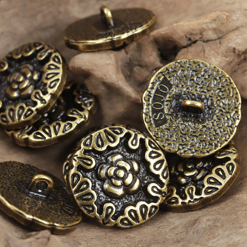 Vintage-Style Bronze Metal Button with Handle and Embossed Rose 10pcs - Lots of Buttons