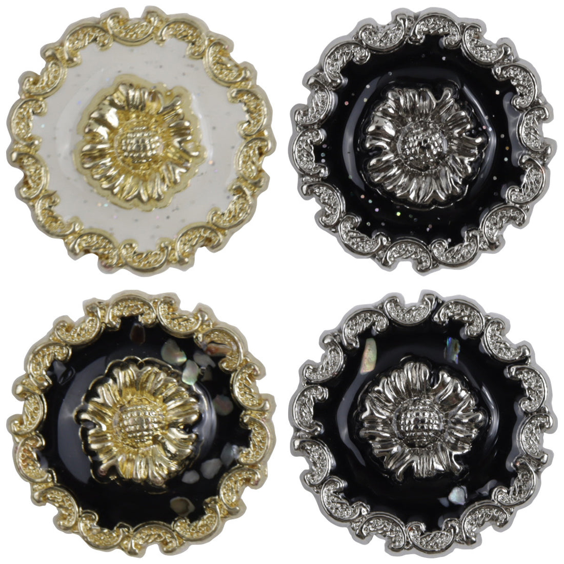 Irregular Lace Black Glued Metal Button with Gold Silver Base 10pcs - Lots of Buttons