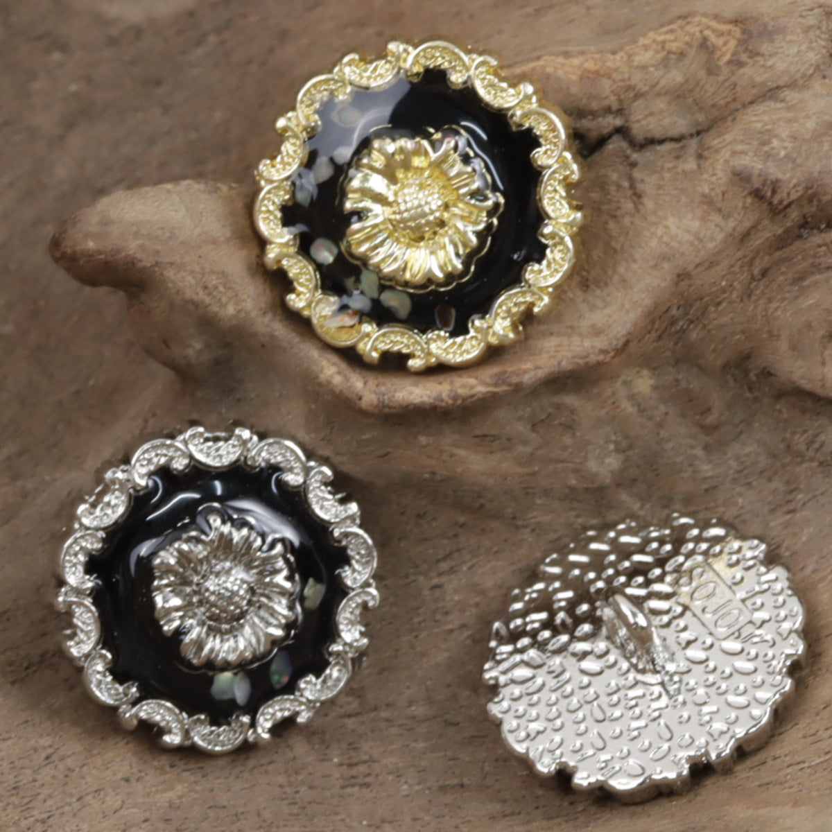 Irregular Lace Black Glued Metal Button with Gold Silver Base 10pcs - Lots of Buttons