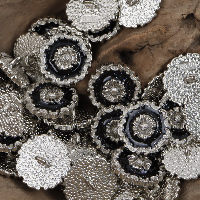 Irregular Lace Black Glued Metal Button with Gold Silver Base 10pcs - Lots of Buttons