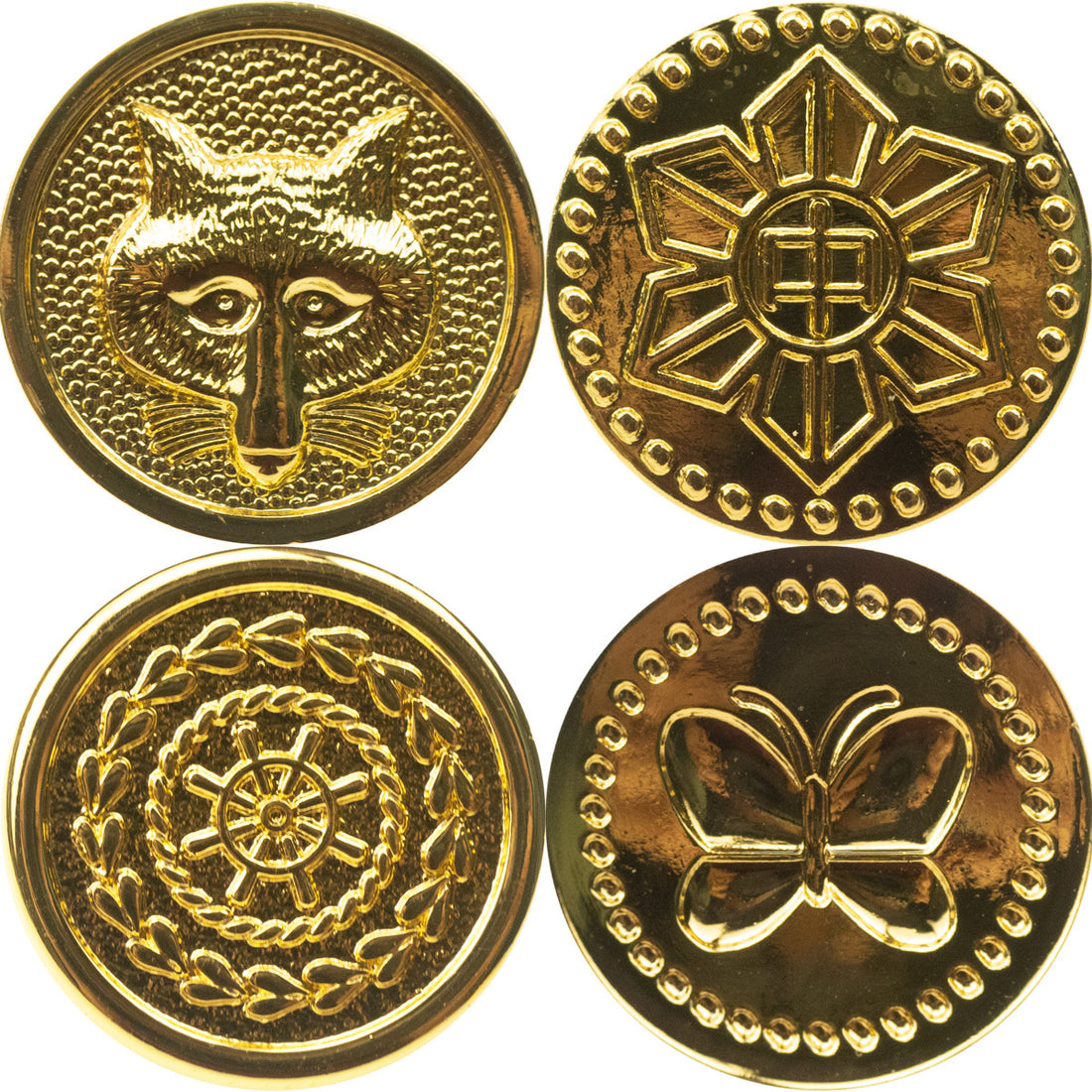 Shiny Gold Metal Shank Buttons Helm Fox Butterfly Design 6pcs - Lots of Buttons