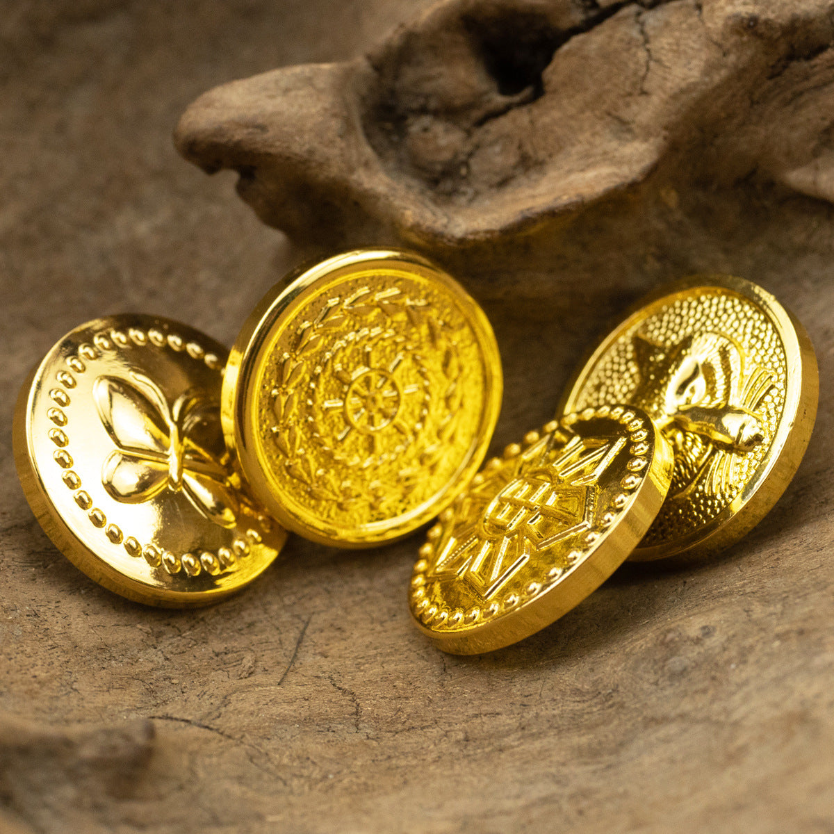 Shiny Gold Metal Shank Buttons Helm Fox Butterfly Design 6pcs - Lots of Buttons