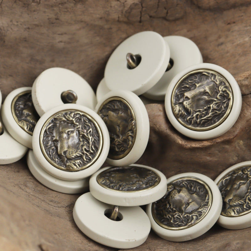 Round Resin Button with Inlaid Bronze-Colored Lion King Metal Pattern 10pcs - Lots of Buttons