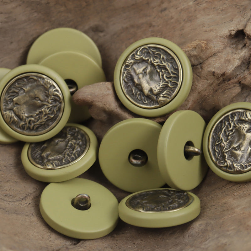 Round Resin Button with Inlaid Bronze-Colored Lion King Metal Pattern 10pcs - Lots of Buttons