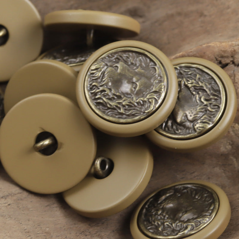 Round Resin Button with Inlaid Bronze-Colored Lion King Metal Pattern 10pcs - Lots of Buttons