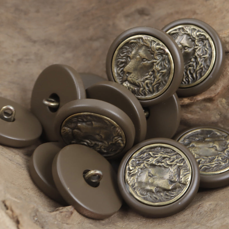 Round Resin Button with Inlaid Bronze-Colored Lion King Metal Pattern 10pcs - Lots of Buttons