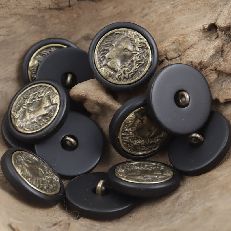 Round Resin Button with Inlaid Bronze-Colored Lion King Metal Pattern 10pcs - Lots of Buttons