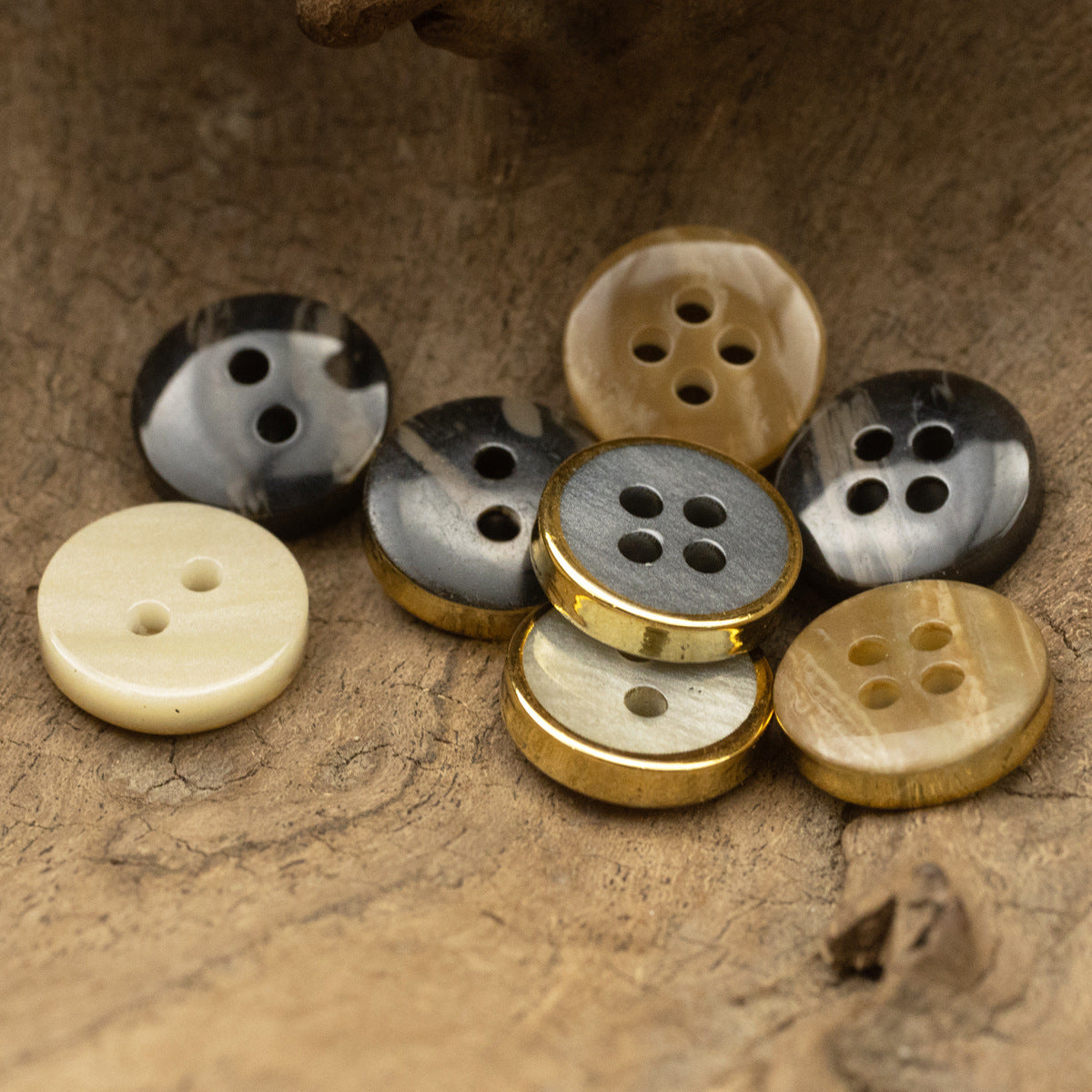11.5mm Wood Grain Gray Beige Resin Buttons with Gold Rim 48 Pack - Lots of Buttons