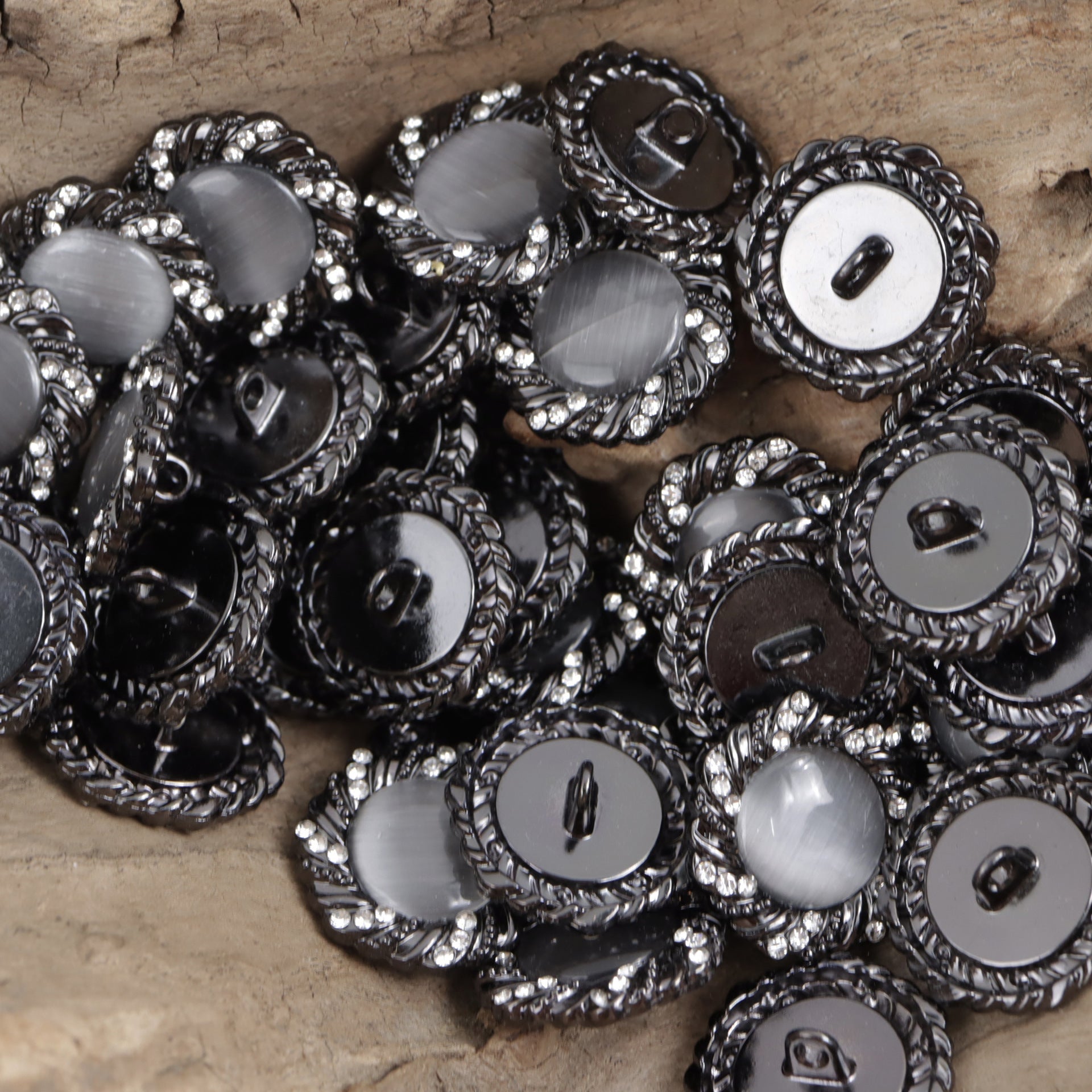 Lace Inlaid with Diamonds Rose Gold Shiny Black Metal Button 10pcs - Lots of Buttons