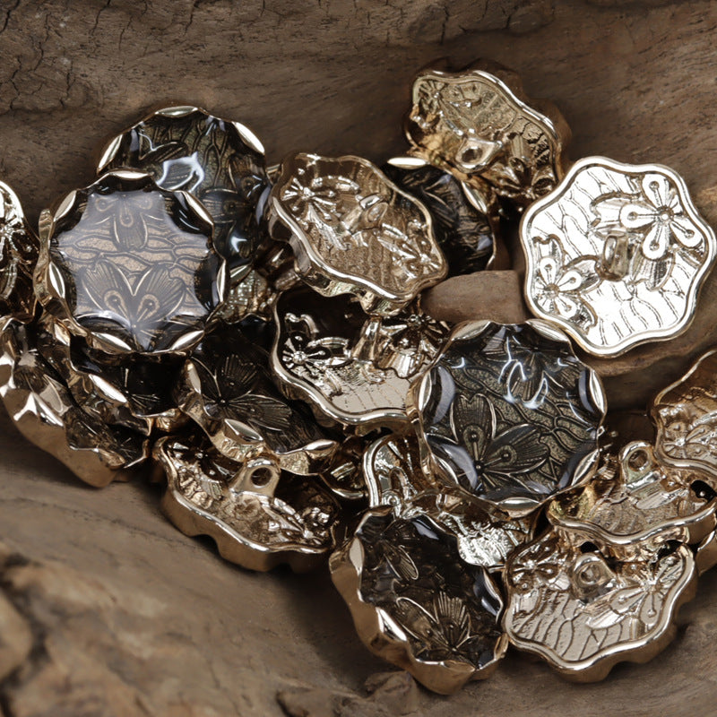 Polygonal Flower Pattern Gold and Silver Metal Shank Buttons 10pcs - Lots of Buttons