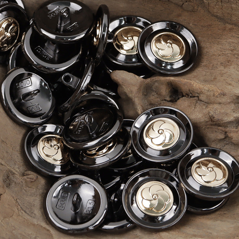 Camellia Pattern Shiny Black Metal Shank Buttons for Hoodies 10pcs - Lots of Buttons