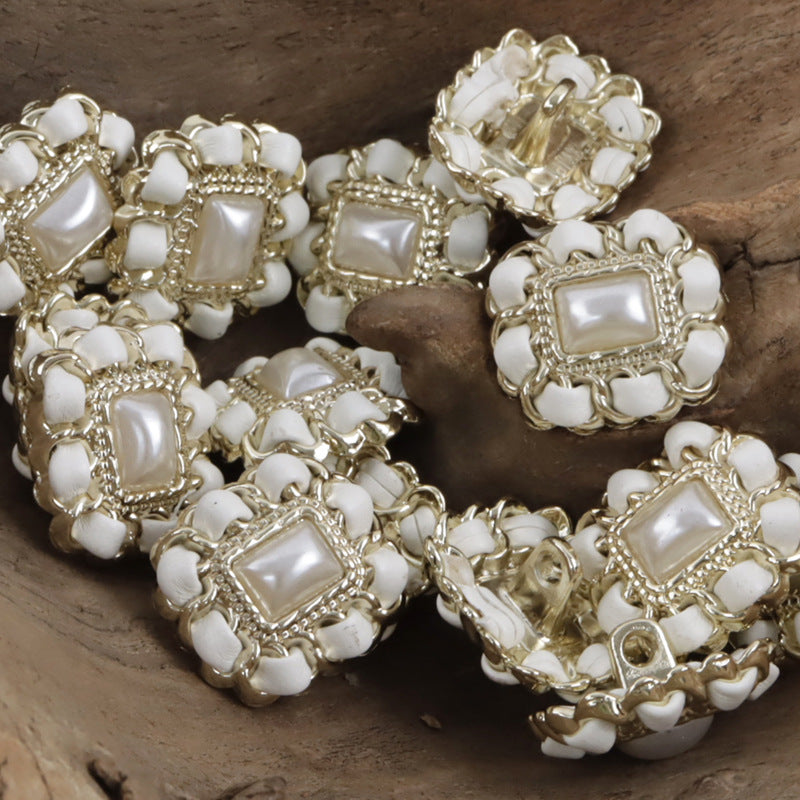 Square Metal Pearl Buttons with Leather Cord Weaving 10pcs - Lots of Buttons