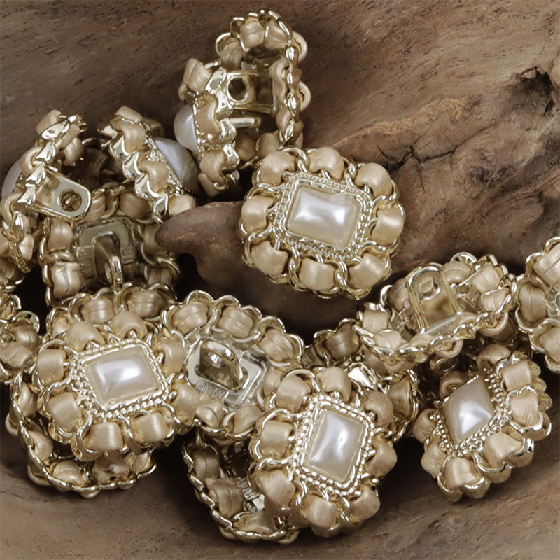 Square Metal Pearl Buttons with Leather Cord Weaving 10pcs - Lots of Buttons