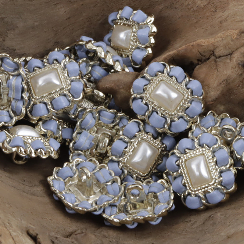 Square Metal Pearl Buttons with Leather Cord Weaving 10pcs - Lots of Buttons
