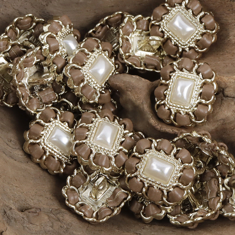 Square Metal Pearl Buttons with Leather Cord Weaving 10pcs - Lots of Buttons