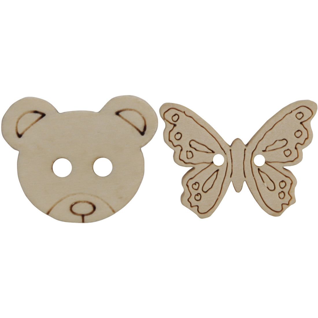 Bear/Butterfly Natural Two-Hole Wooden Buttons in Log Color 50pcs - Lots of Buttons