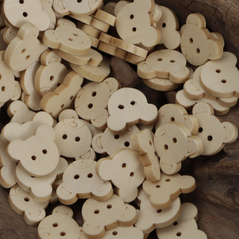 Bear/Butterfly Natural Two-Hole Wooden Buttons in Log Color 50pcs - Lots of Buttons