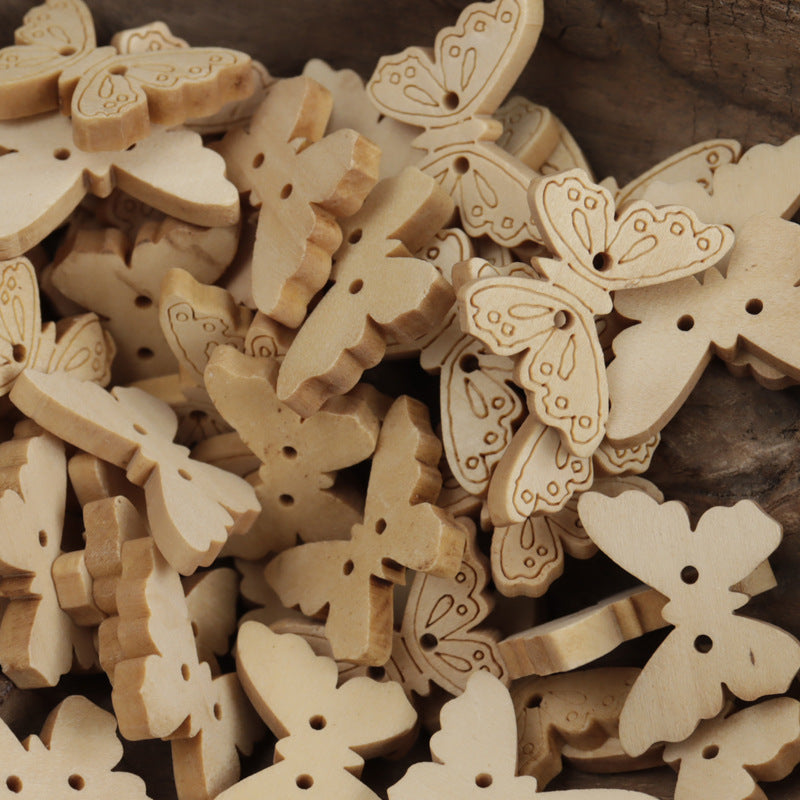 Bear/Butterfly Natural Two-Hole Wooden Buttons in Log Color 50pcs - Lots of Buttons