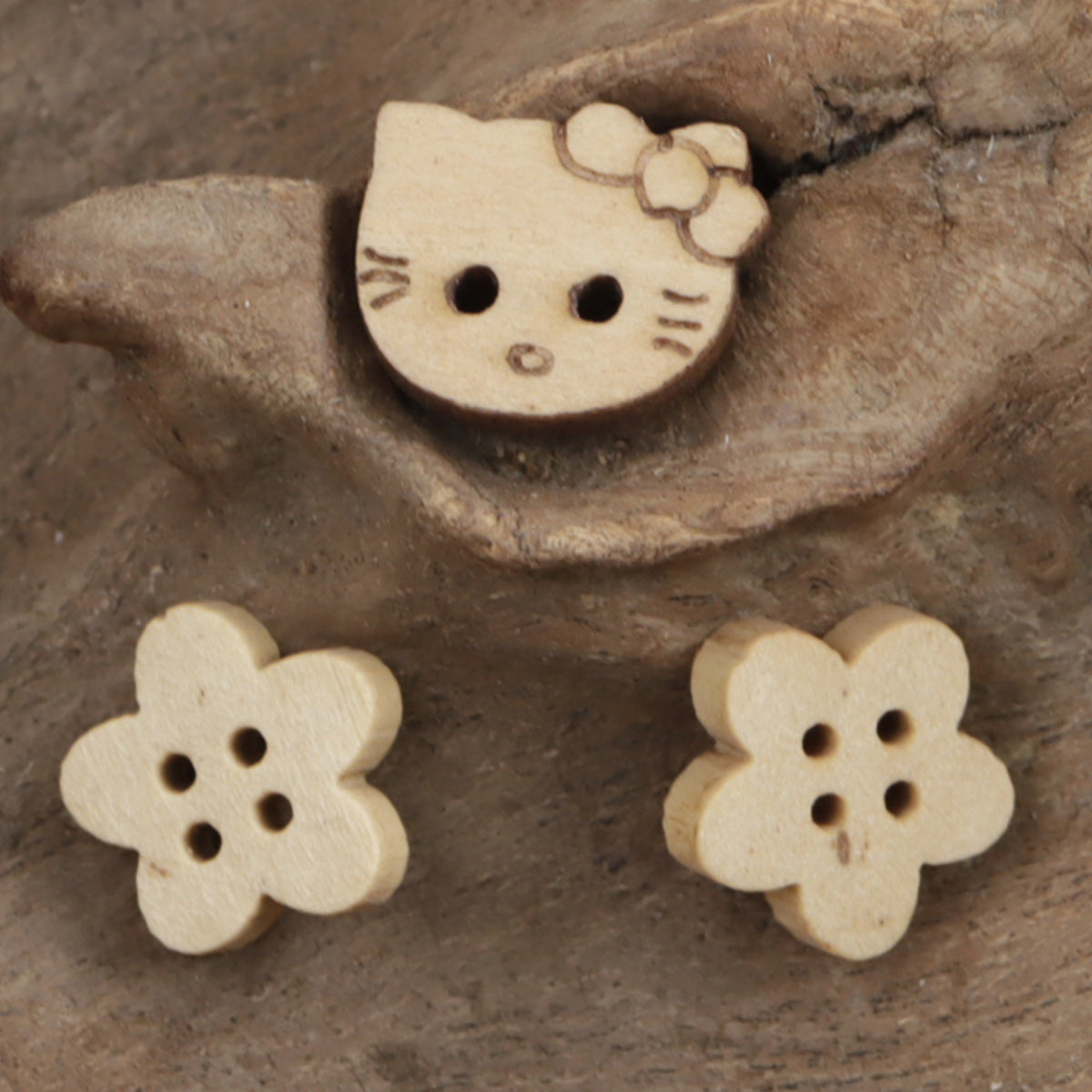 Cute Little Flower & Kitty Cat Wooden Buttons 30pcs - Lots of Buttons