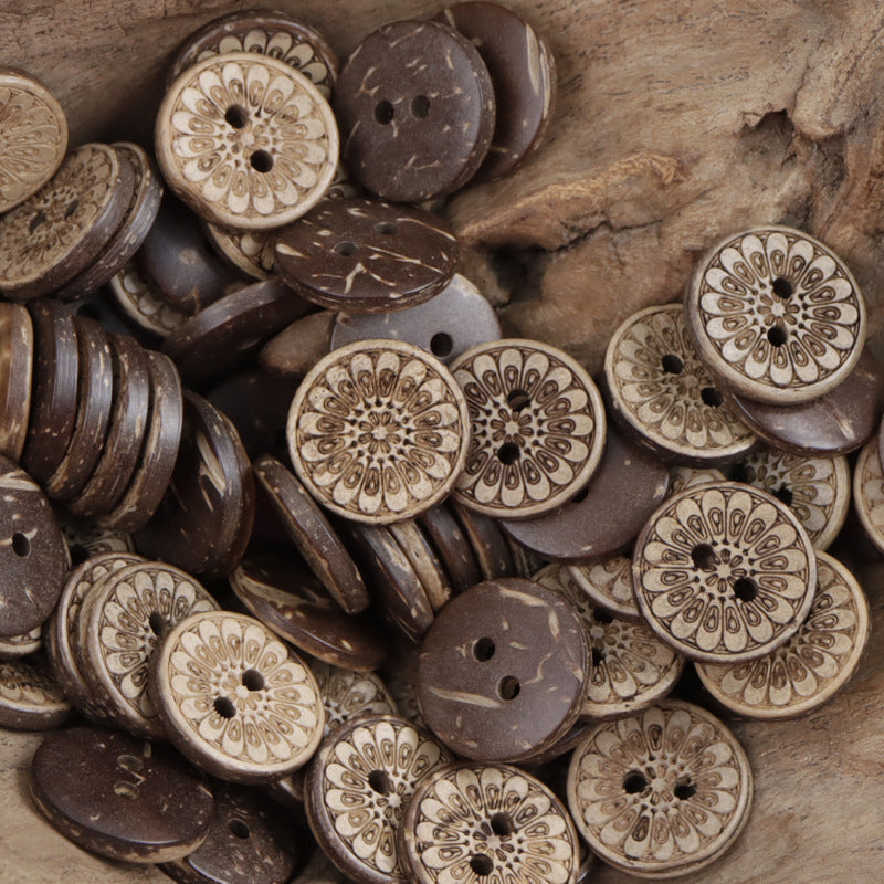 Round Brown Ethnic Style 2 Hole Natural Coconut Shell Buttons 60 Pack - Lots of Buttons