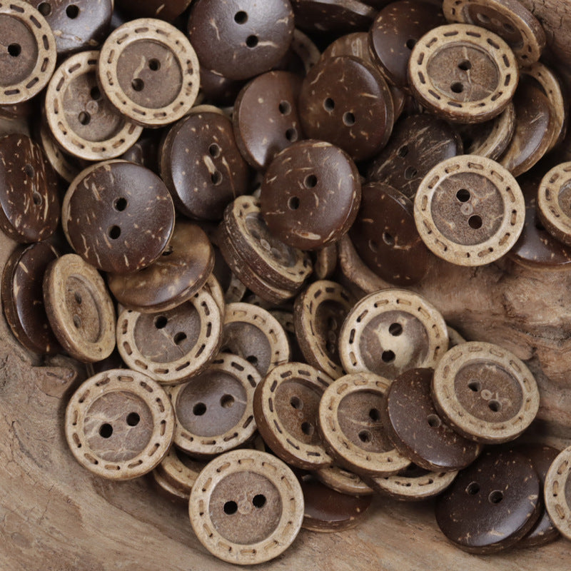 Round Brown Ethnic Style 2 Hole Natural Coconut Shell Buttons 60 Pack - Lots of Buttons