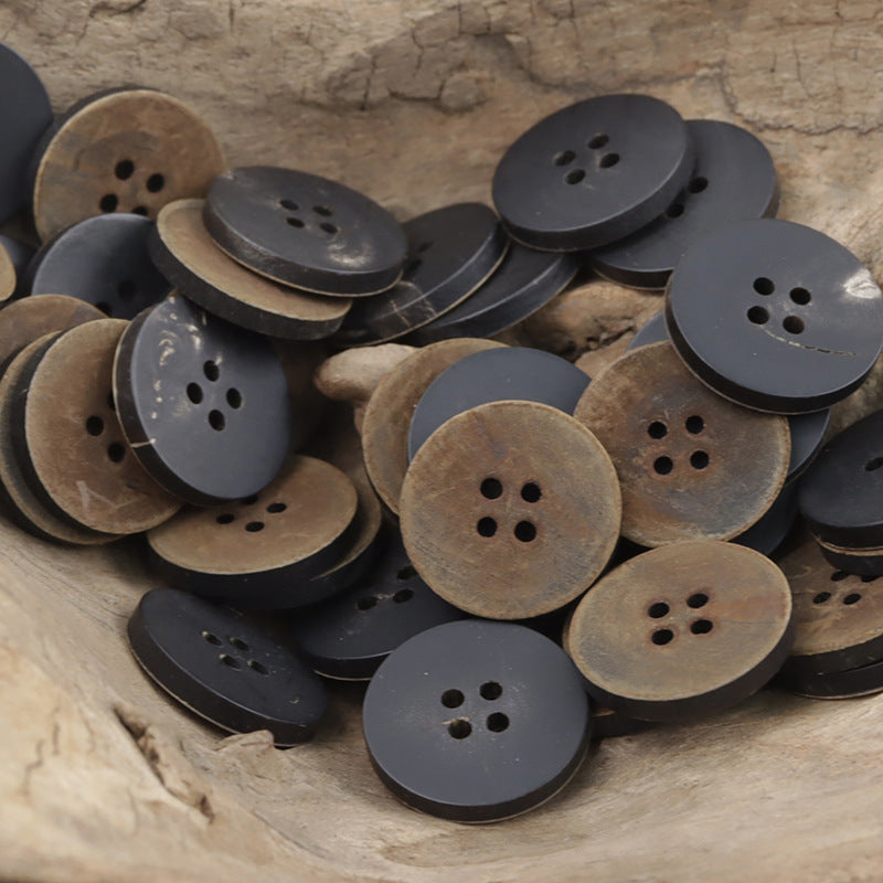 Vintage Burnt Yellowish Black Double-Sided Flat Real Horn Buttons 10pcs - Lots of Buttons