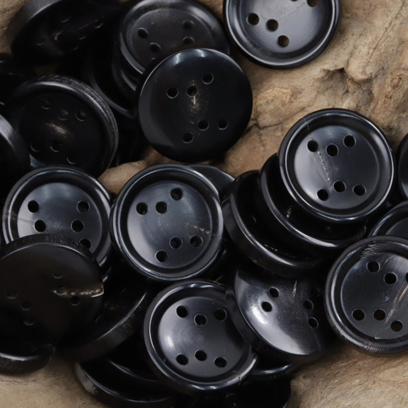 Round Six-Hole Natural Black Horn Buttons for Leather Jackets 6pcs - Lots of Buttons