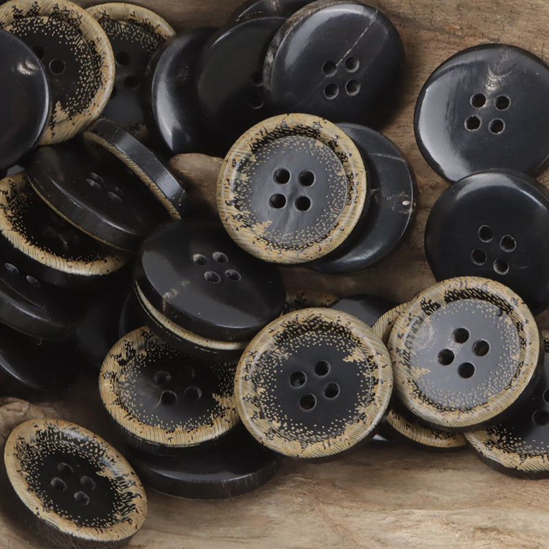 Vintage Burnt Yellow Edged Natural Black Horn Buttons 10pcs - Lots of Buttons