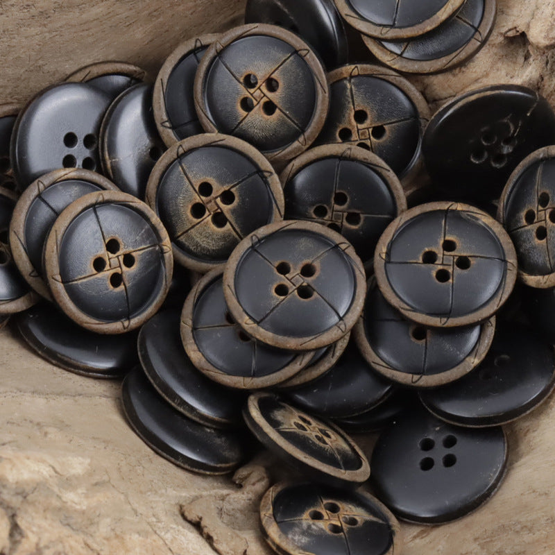 Vintage Laser-Etched Black Genuine Cow Horn Buttons,10pcs - Lots of Buttons