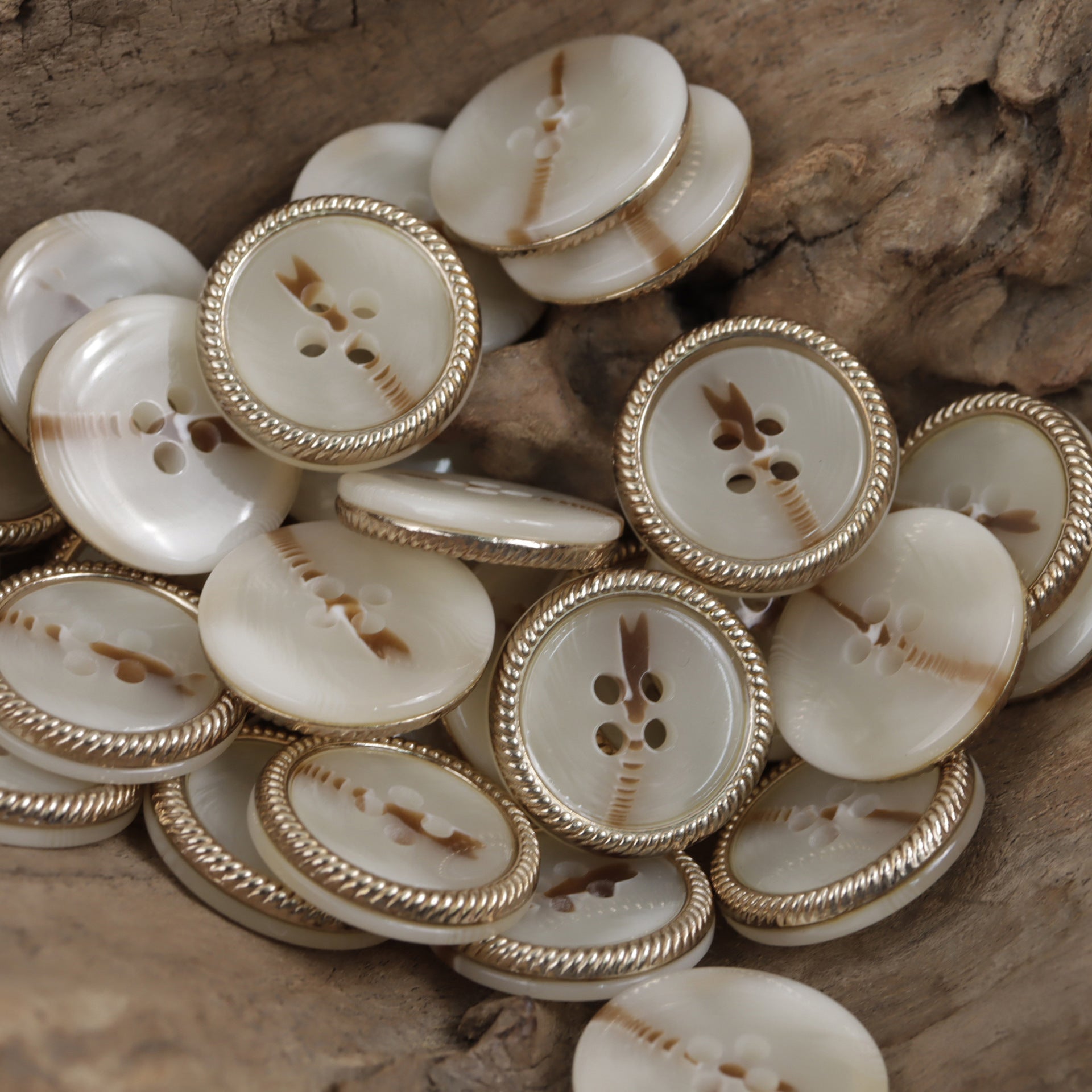 Beige and Coffee Four-Hole Flat Resin Buttons with Metal Lace 10pcs - Lots of Buttons
