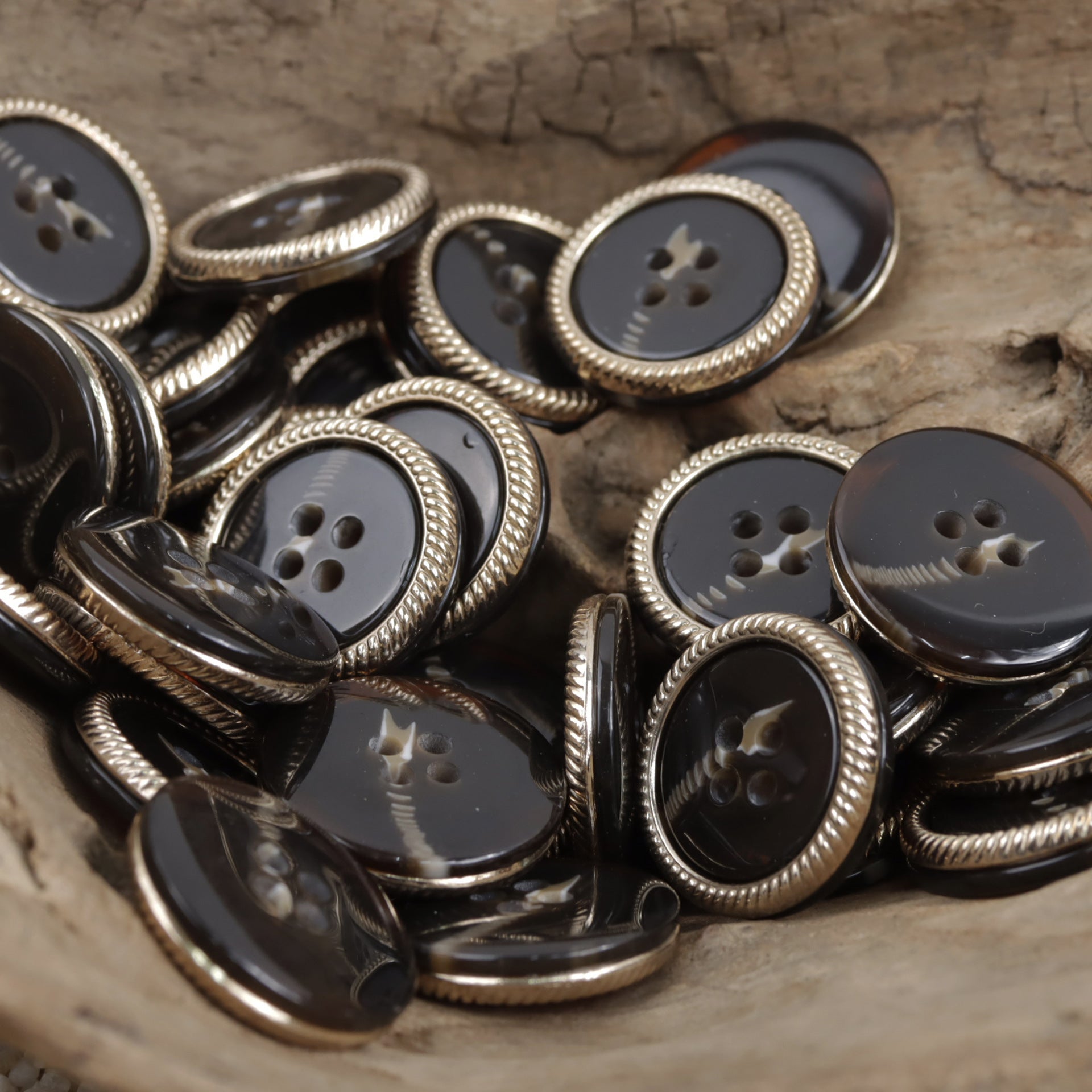 Beige and Coffee Four-Hole Flat Resin Buttons with Metal Lace 10pcs - Lots of Buttons