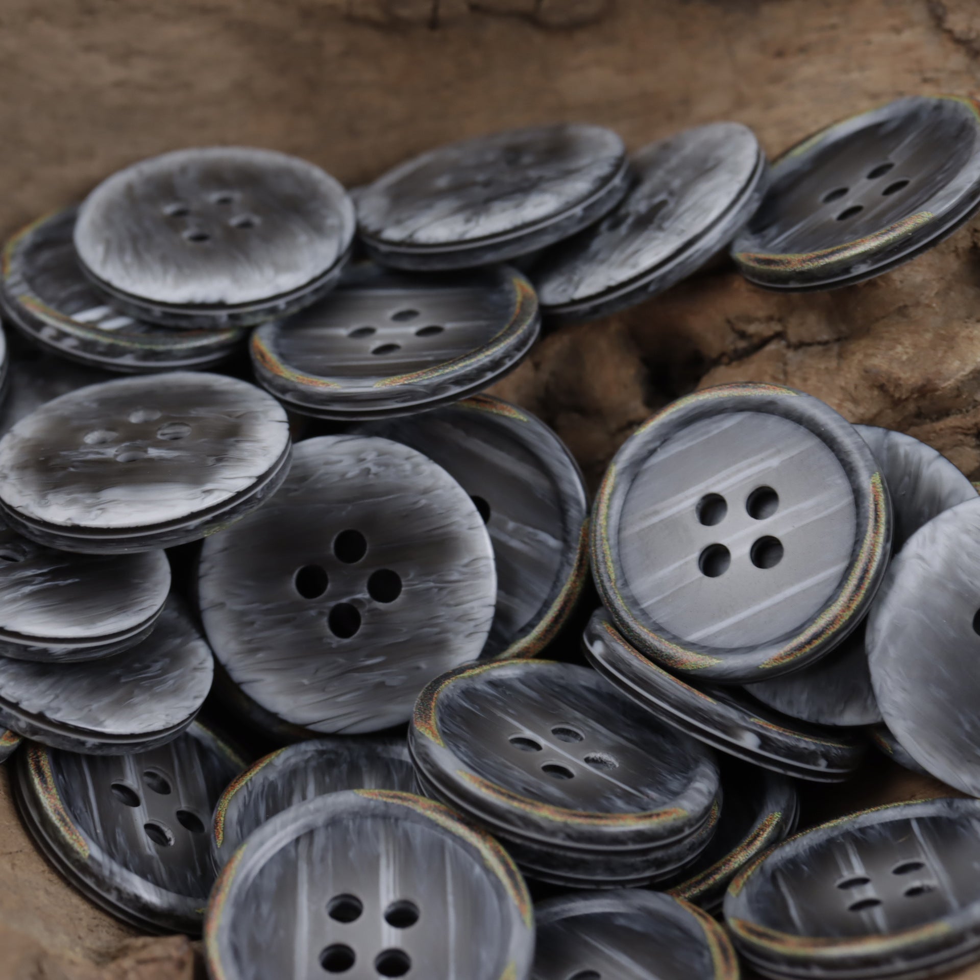 Vintage Off-White and Dark Gray Round Four-Hole Resin Buttons 60 Pack - Lots of Buttons