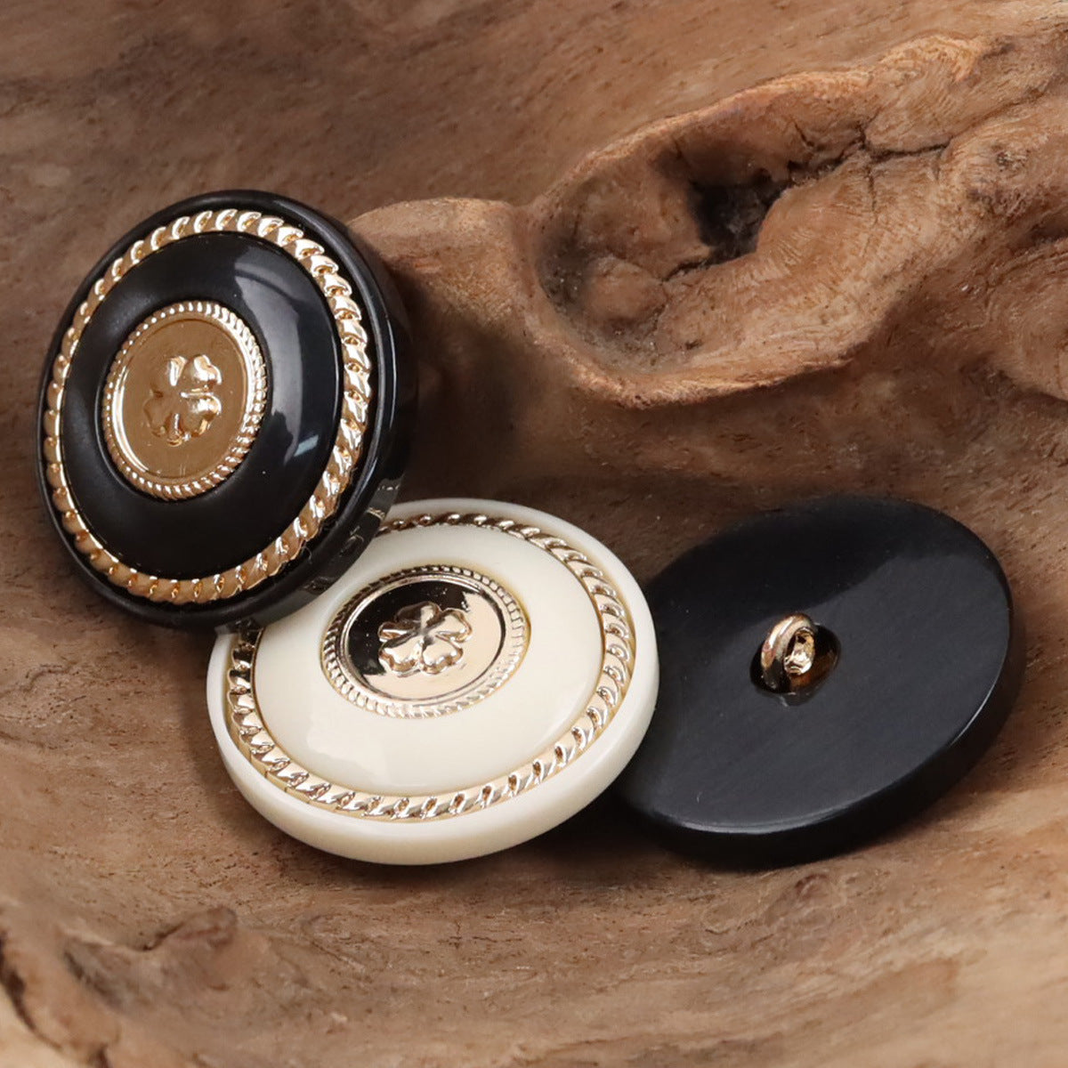Retro Black-Gold Clover Round Resin Buttons with Metal Shanks 10pcs - Lots of Buttons