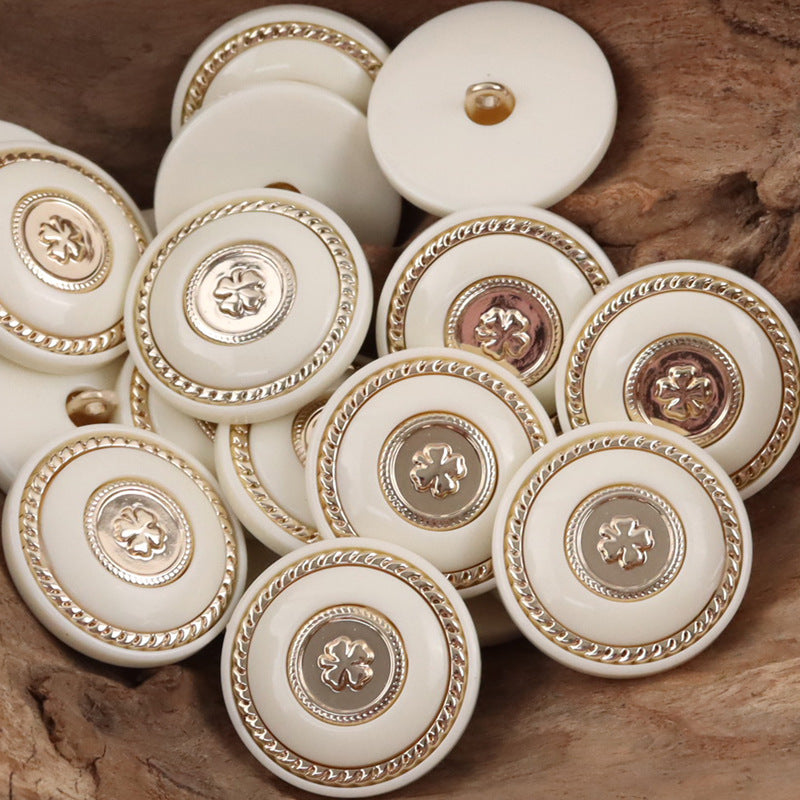 Retro Black-Gold Clover Round Resin Buttons with Metal Shanks 10pcs - Lots of Buttons