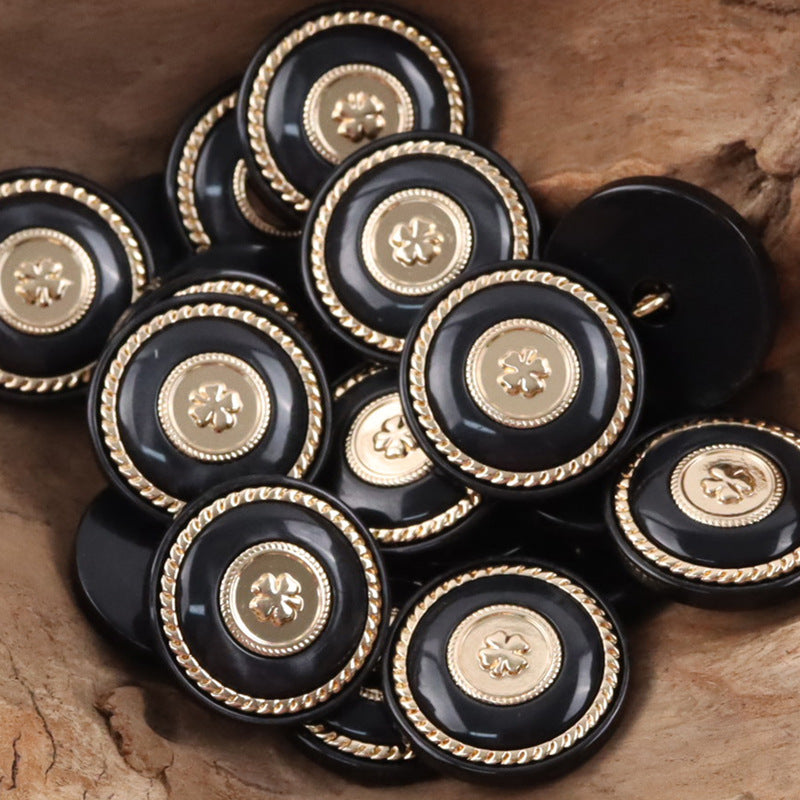 Retro Black-Gold Clover Round Resin Buttons with Metal Shanks 10pcs - Lots of Buttons