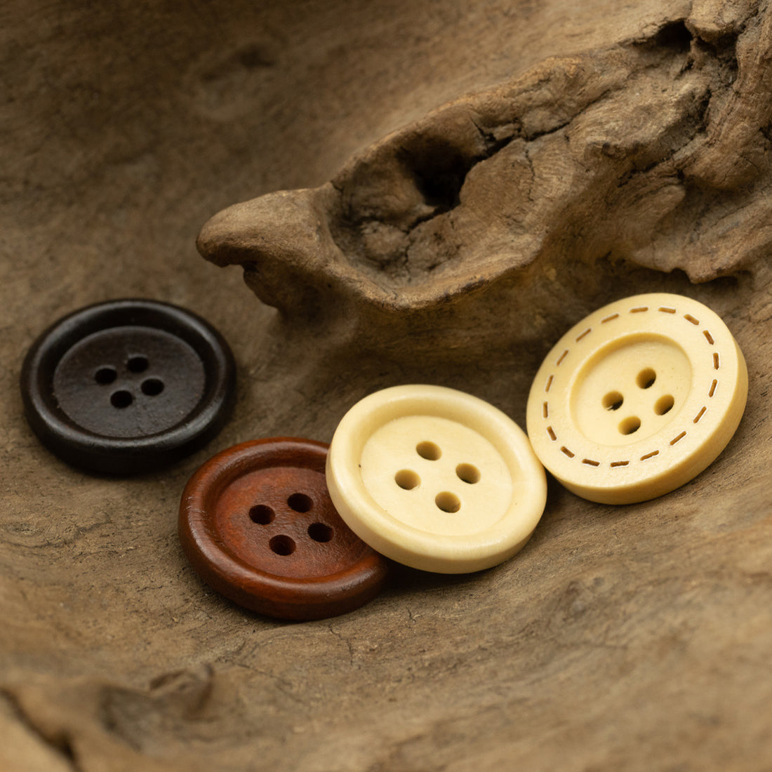 Vintage Round Four-Hole Wooden Buttons 50pcs - Lots of Buttons