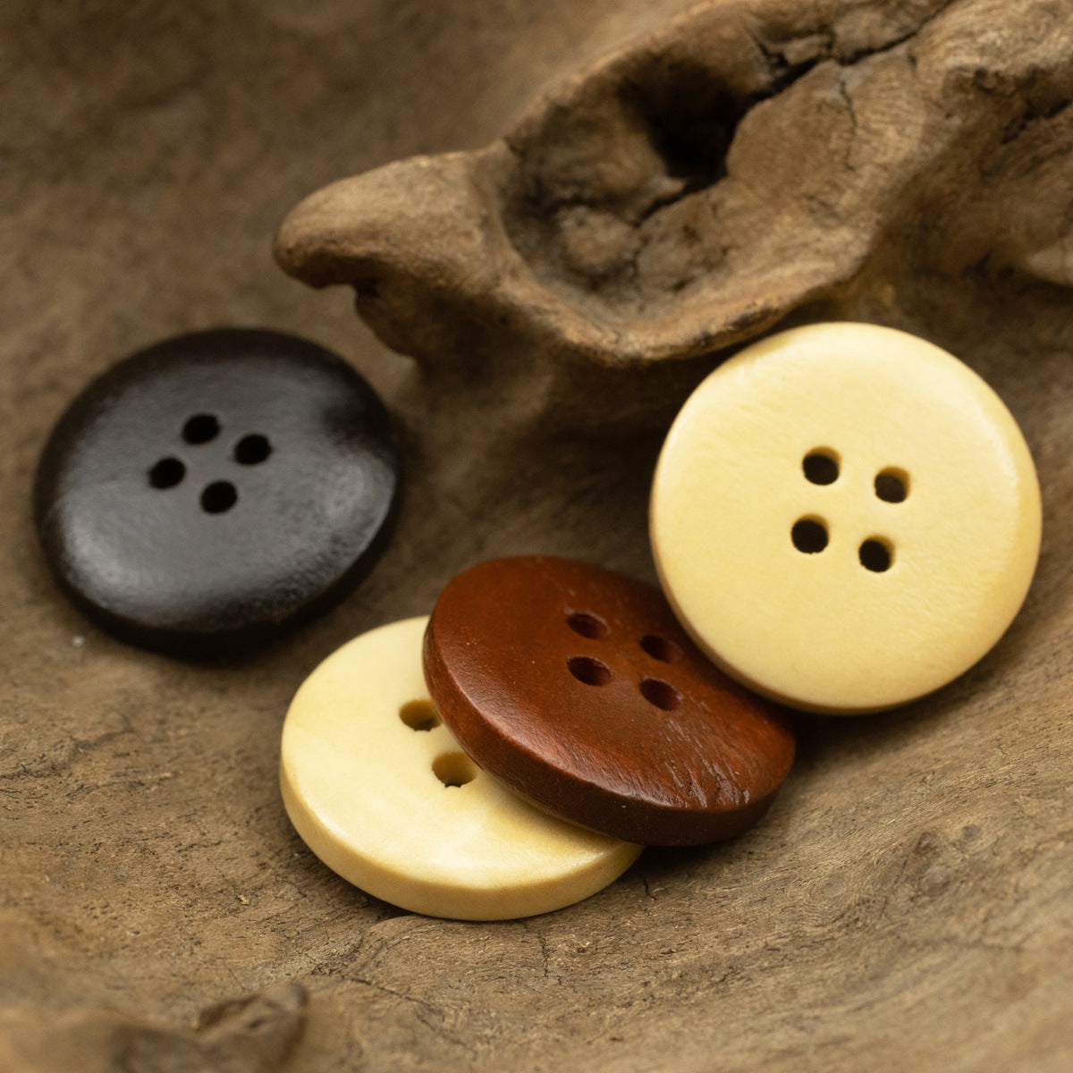 Vintage Round Four-Hole Wooden Buttons 50pcs - Lots of Buttons