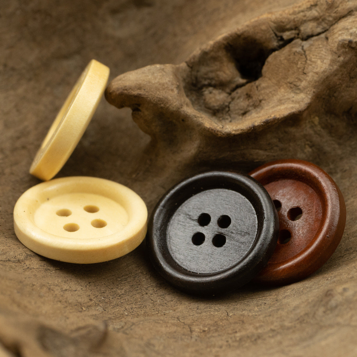 Vintage Round Four-Hole Wooden Buttons 50pcs - Lots of Buttons
