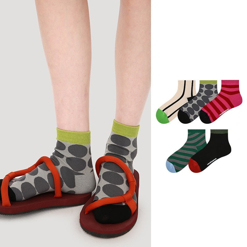 Women's Summer Thin Color-Block Striped Dot Sport Socks 5 Pack