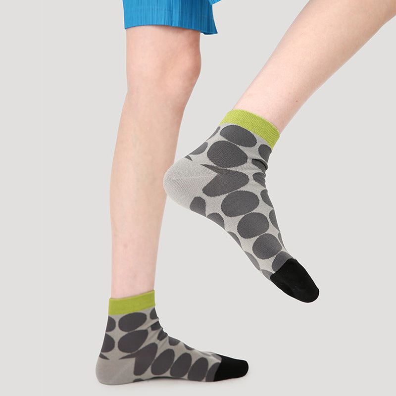 Women's Summer Thin Color-Block Striped Dot Sport Socks 5 Pack