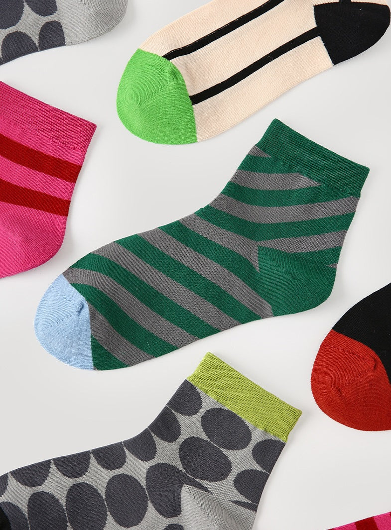 Women's Summer Thin Color-Block Striped Dot Sport Socks 5 Pack